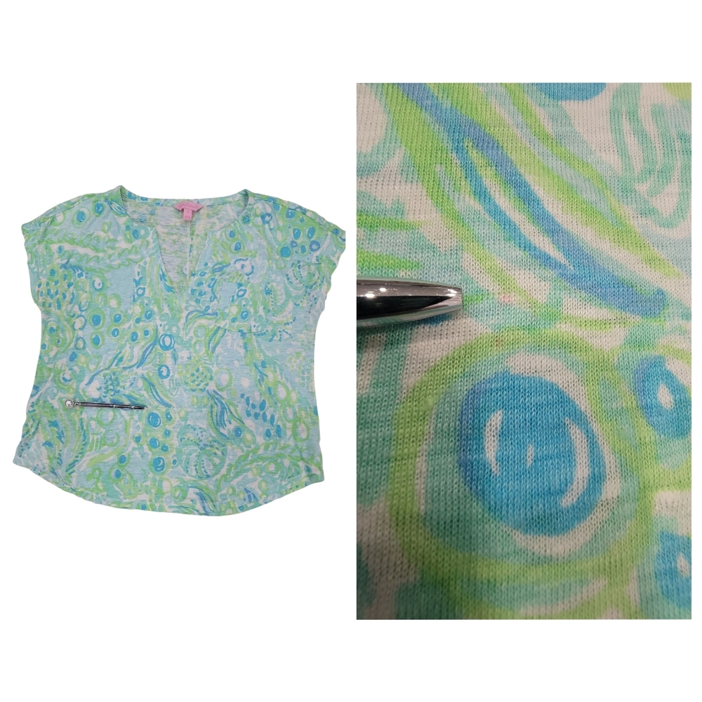 Lilly Pulitzer Linen Duval Notch Top Green Blue Cap Sleeve T-Shirt Women’s Small - Picture 11 of 15